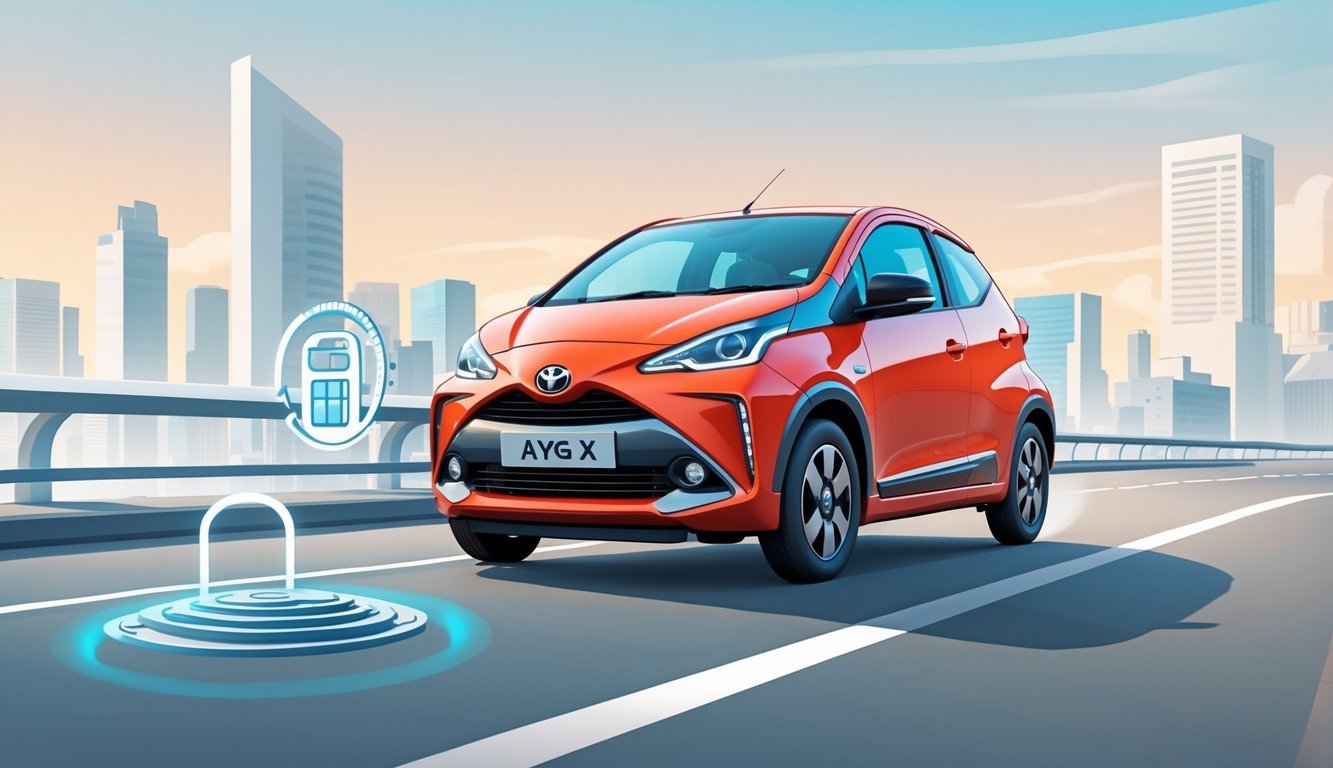 Toyota Aygo X na gradskoj cesti s prikazom simbola potrošnje goriva i troškova vožnje.