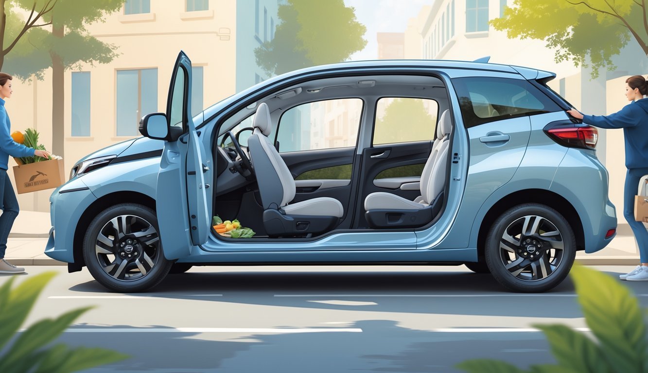 Toyota Aygo X parkiran na ulici s otvorenim vratima, prikazujući udoban i prostran unutrašnji prostor te praktične detalje.