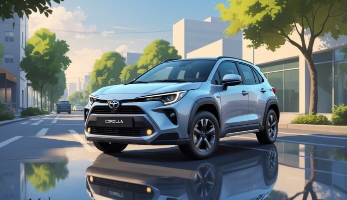 Toyota Corolla Cross parkiran na gradskoj ulici s drvećem i zgradama u pozadini.