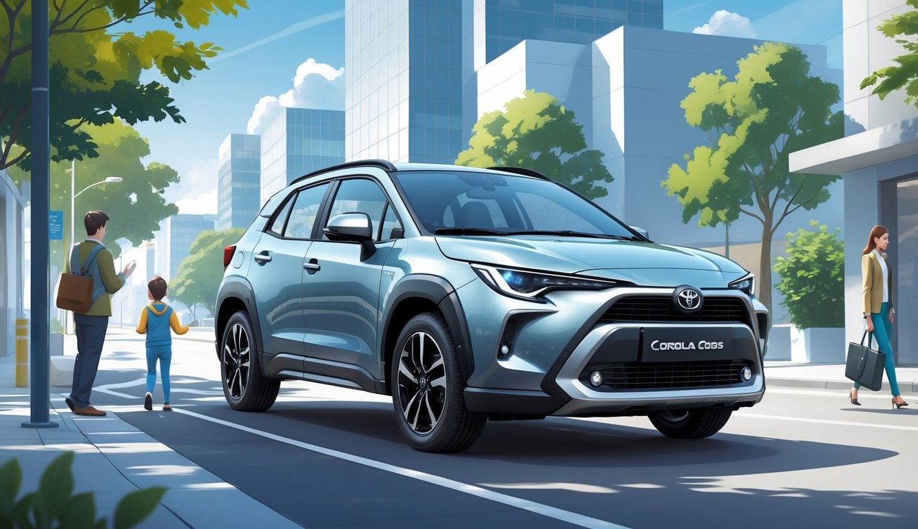 Toyota Corolla Cross parkiran u gradskom okruženju s ljudima oko njega.