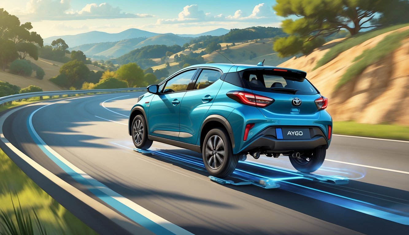 Toyota Aygo X na zavojitoj cesti s istaknutim dijelovima ovjesa tijekom vožnje.