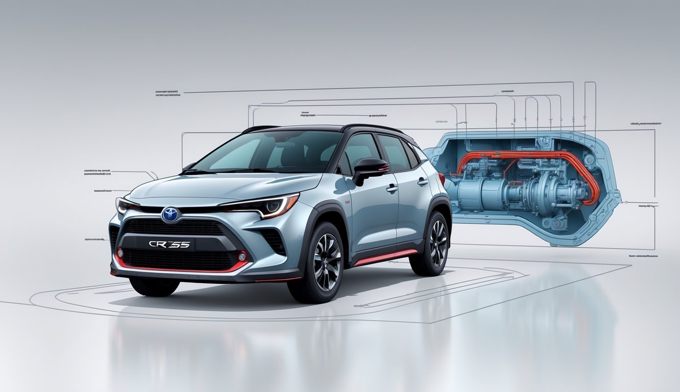 Prikaz Toyota Corolla Cross automobila s prikazom motora i mjenjača u tehničkom prikazu.