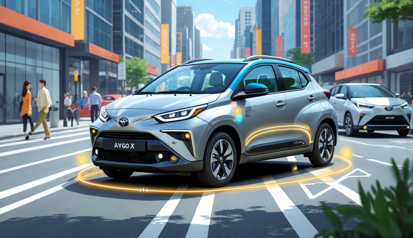 Toyota Aygo X na gradskom ulici s prikazom sigurnosnih senzora i sustava pomoći vozaču.