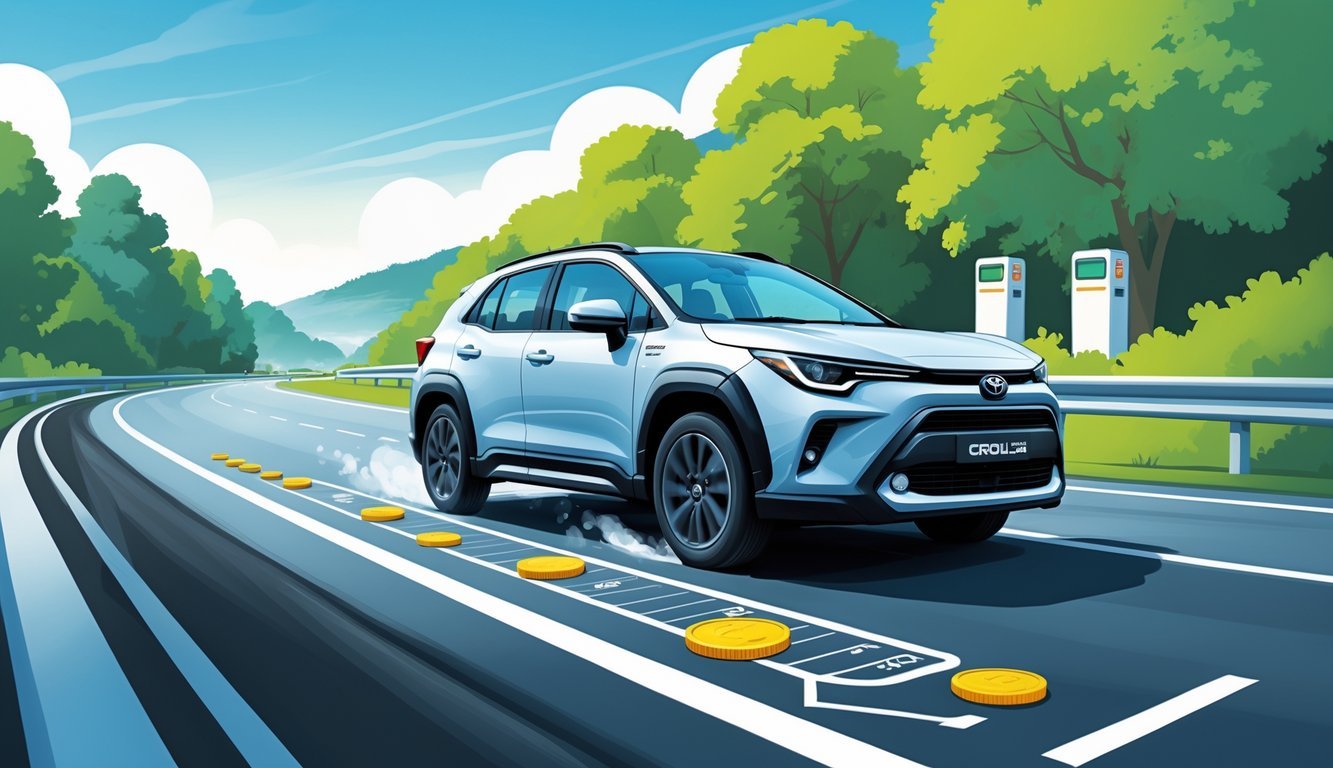 Toyota Corolla Cross na cesti okružen zelenim drvećem i plavim nebom, s prikazom simbola potrošnje goriva i troškova vožnje.