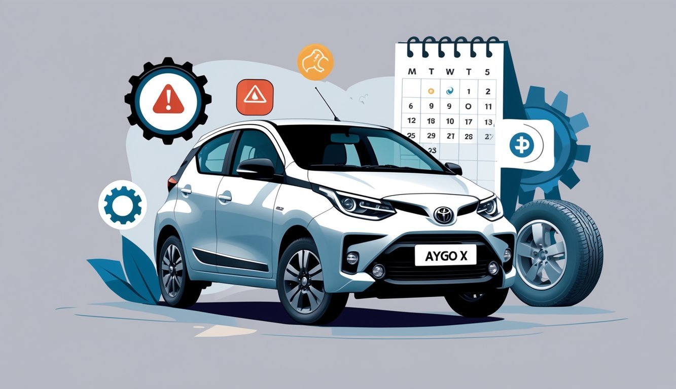 Toyota Aygo X automobil okružen simbolima tipičnih kvarova i servisa.