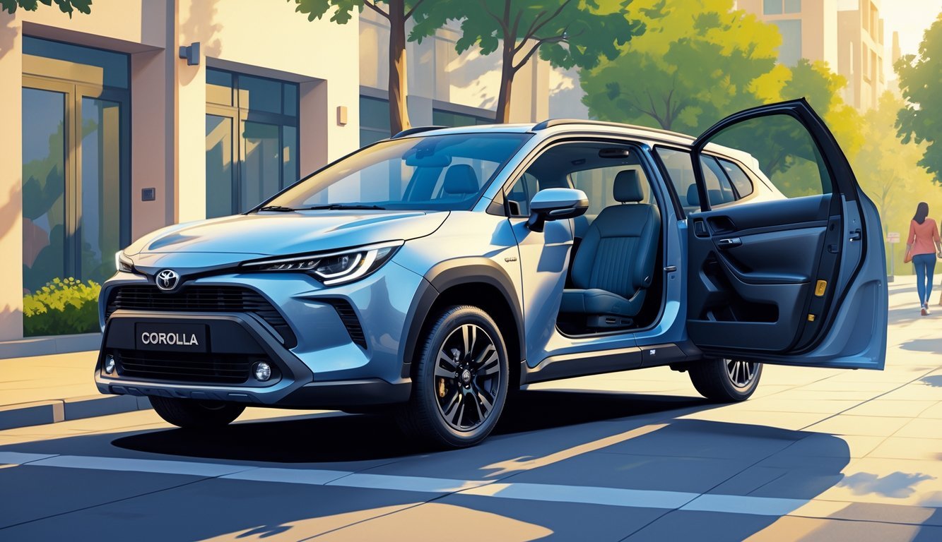 Toyota Corolla Cross s otvorenim vratima prikazuje prostran i udoban interijer u urbanom okruženju.