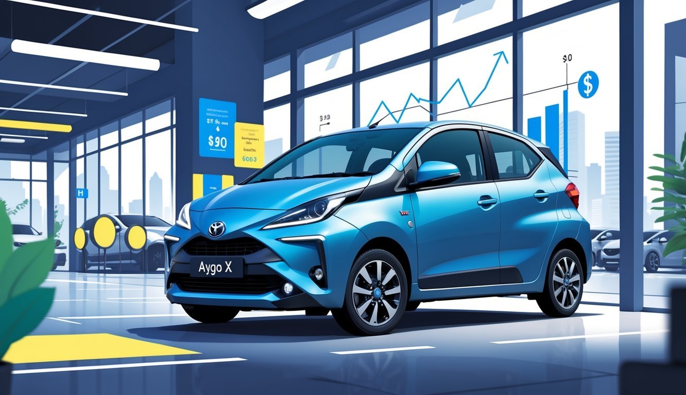 Moderan Toyota Aygo X parkiran u urbanom okruženju s ikonama cijena, opreme i tržišnih trendova oko vozila.