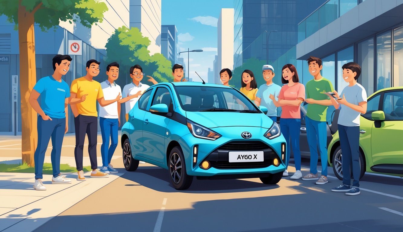 Grupa ljudi stoji oko parkiranog automobila Toyota Aygo X u gradskom okruženju, razmjenjujući svoja iskustva.