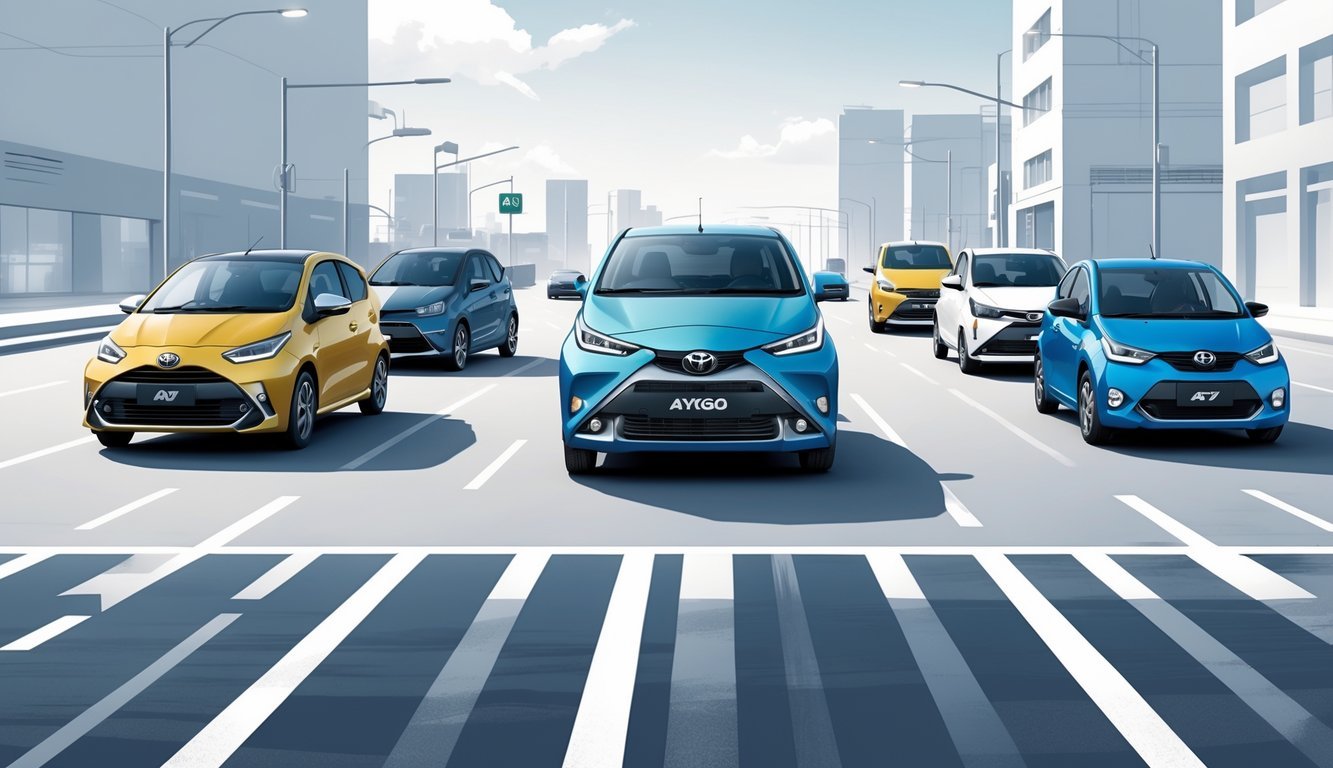 Prikaz nekoliko malih gradskih automobila, uključujući Toyota Aygo X, postavljenih za usporedbu u urbanom okruženju.