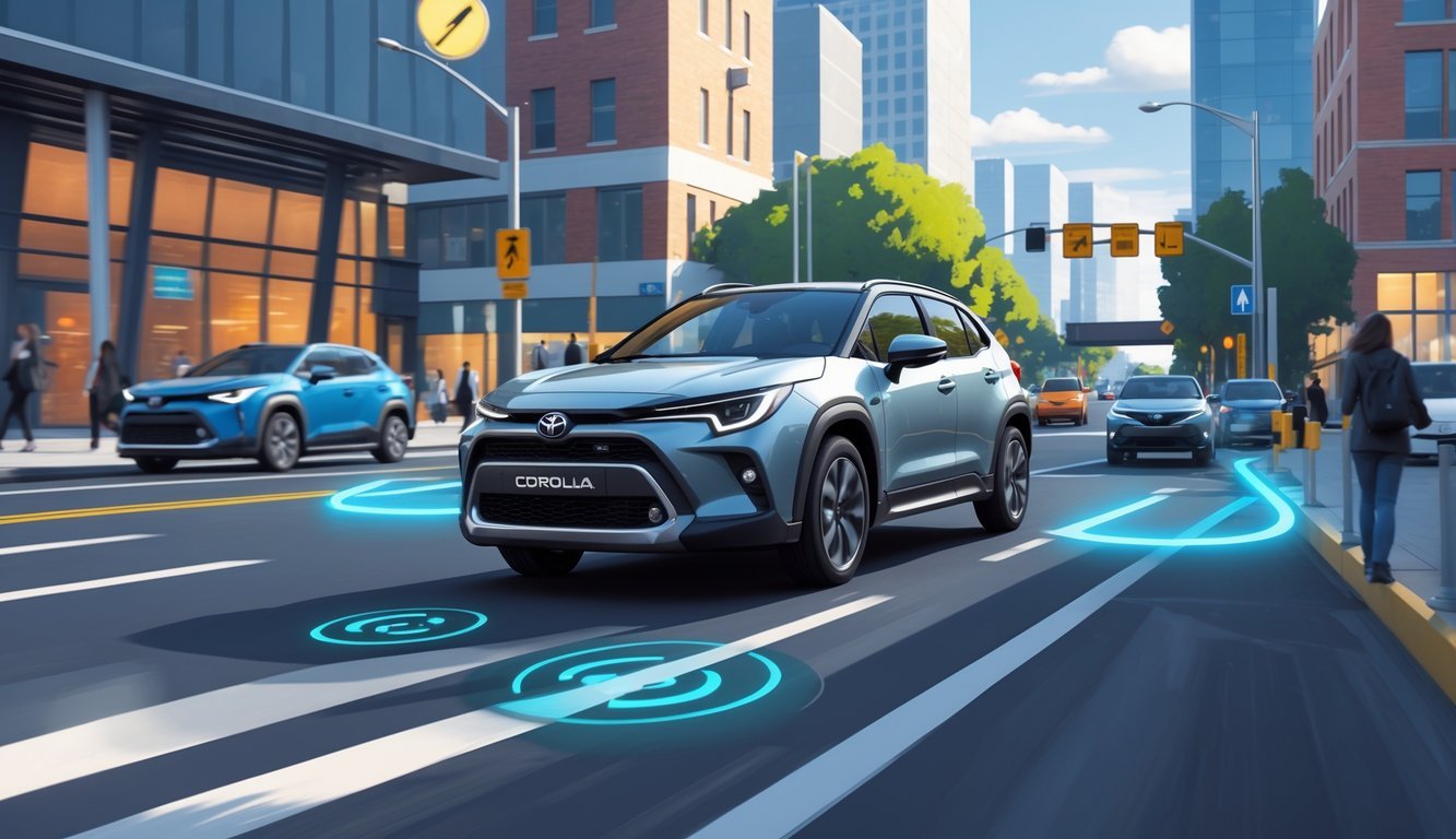 Toyota Corolla Cross na gradskoj cesti s prikazom sigurnosnih sustava i pomoći vozaču.