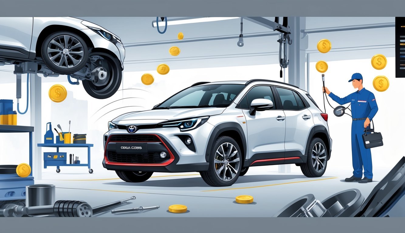 Toyota Corolla Cross s mehaničarom koji pregledava automobil u radionici, okružen dijelovima automobila i simbolima troškova servisa.