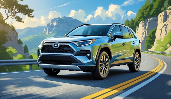 Toyota RAV4 vozi planinskom cestom okruženom zelenim drvećem i stijenama pod plavim nebom.
