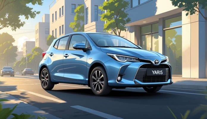 Toyota Yaris parkiran na gradskoj ulici s zgradama i drvećem u pozadini.