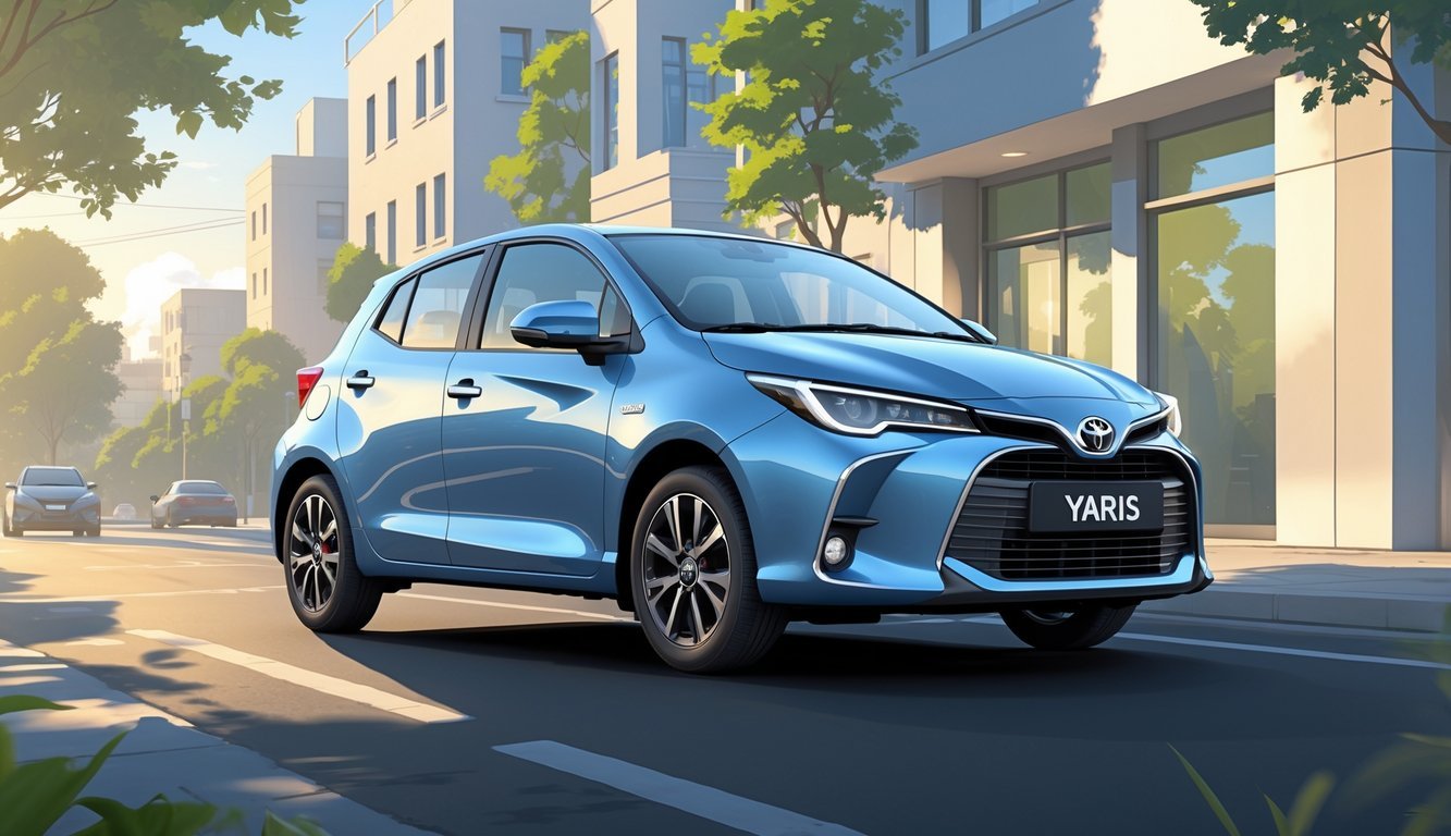 Toyota Yaris parkiran na gradskoj ulici s zgradama i drvećem u pozadini.
