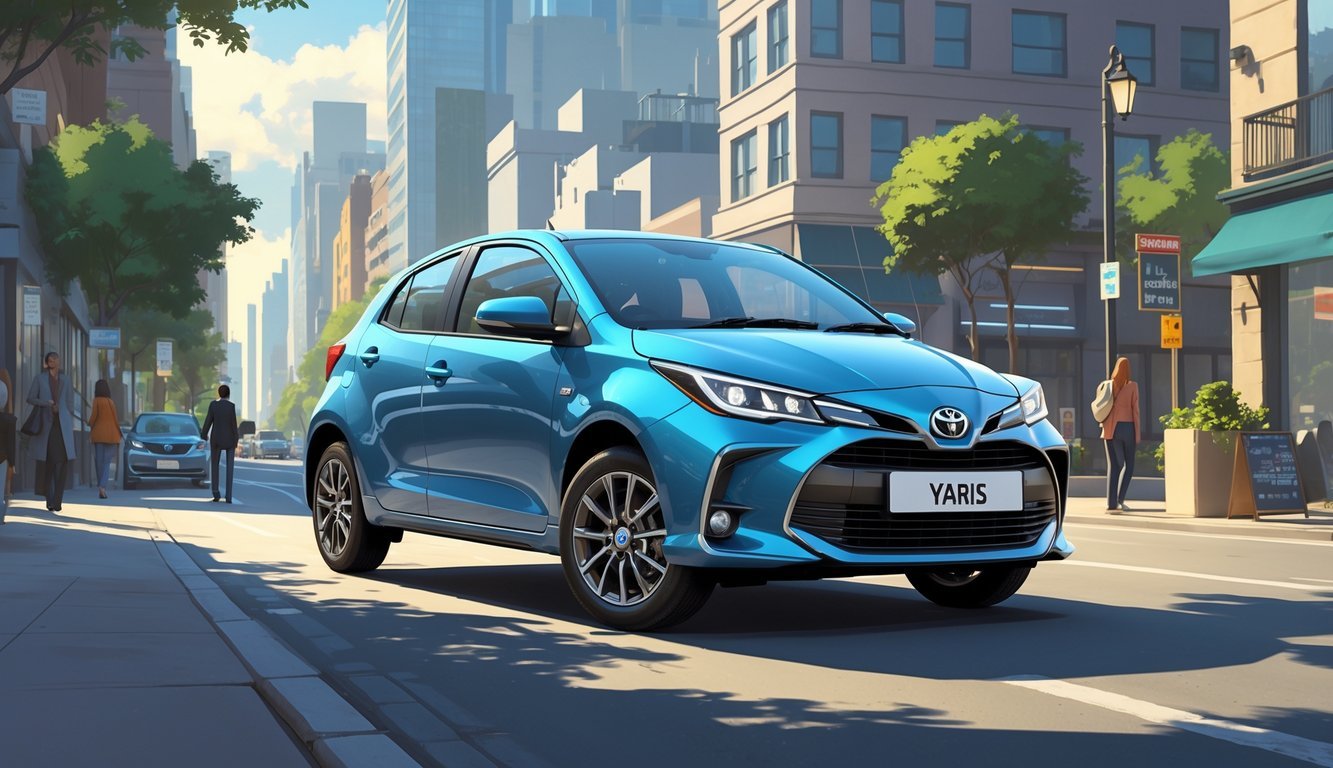Toyota Yaris parkiran u gradskom okruženju s ljudima i zgradama u pozadini.