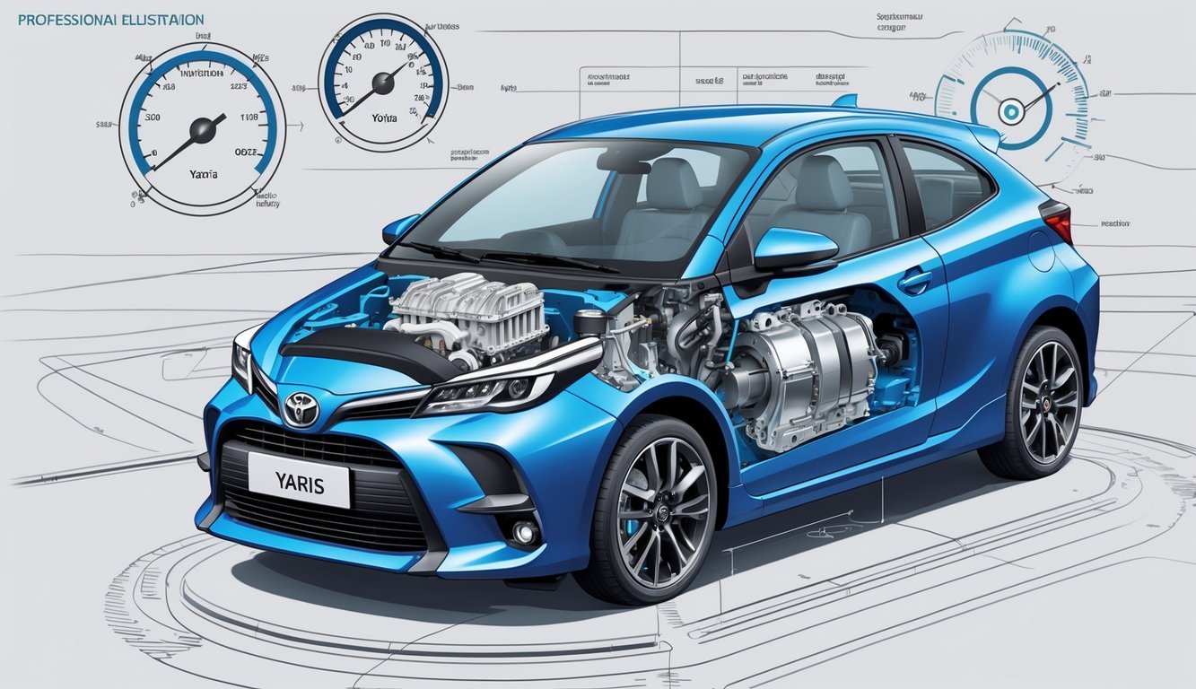 Prikaz unutrašnjih dijelova Toyote Yaris s motorom, mjenjačem i pokazateljima performansi.