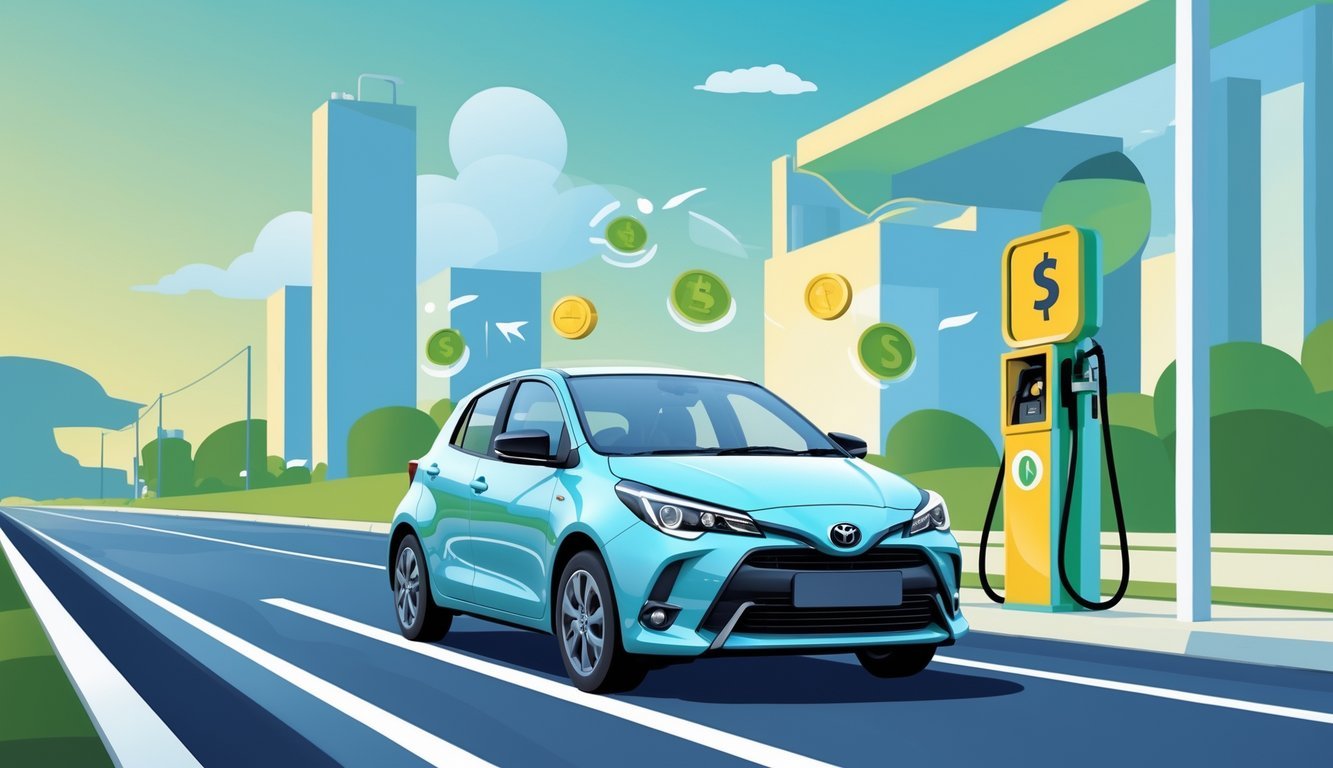 Toyota Yaris na cesti s ikonama goriva i troškova u pozadini.