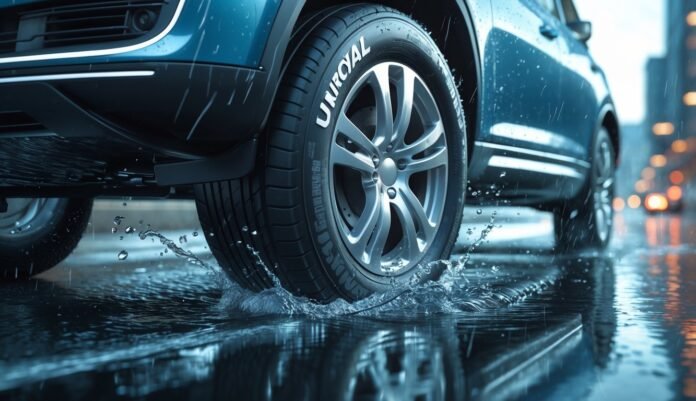 Prikaz automobilske gume na mokrom putu s prskanjem vode oko gume tijekom vožnje.