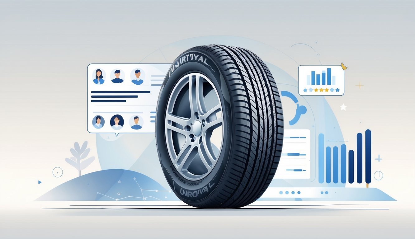 Ilustracija prikazuje automobilsku gumu s detaljnim uzorkom i grafičke elemente koji predstavljaju korisnička iskustva i ocjene.