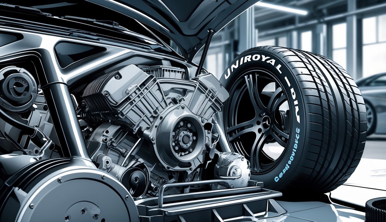 Prikaz motora, mjenjača i Uniroyal guma u automobilskom okruženju.