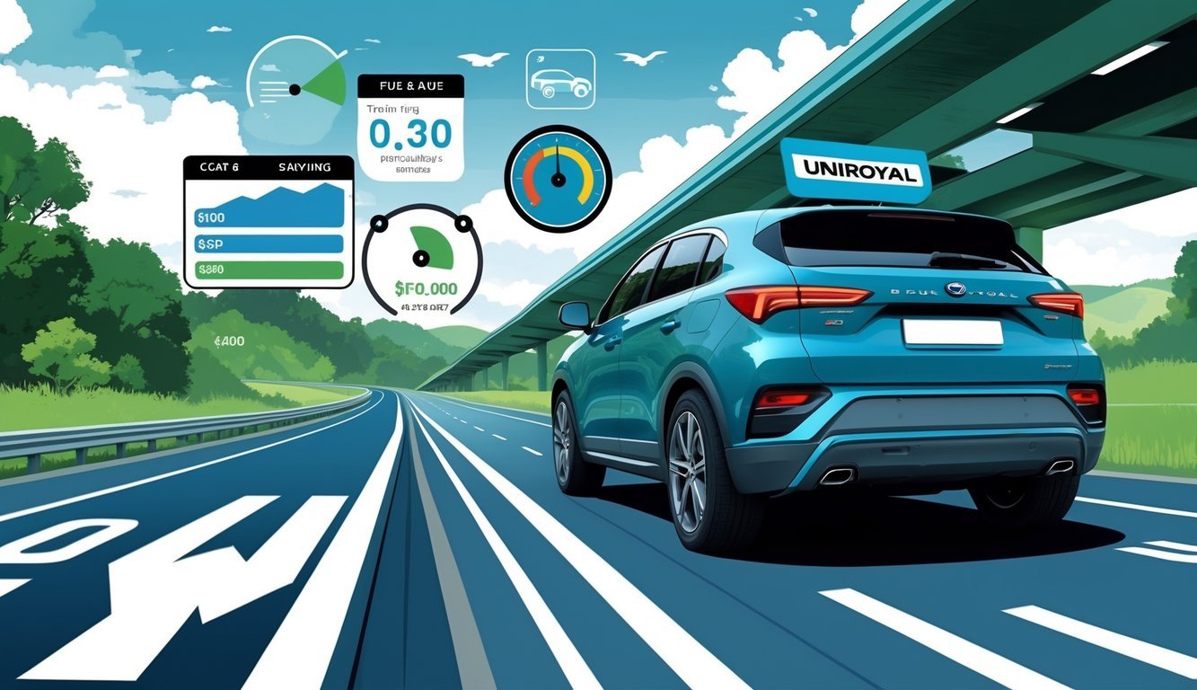 Automobil na cesti s prikazom guma i simbolima potrošnje goriva i troškova vožnje.