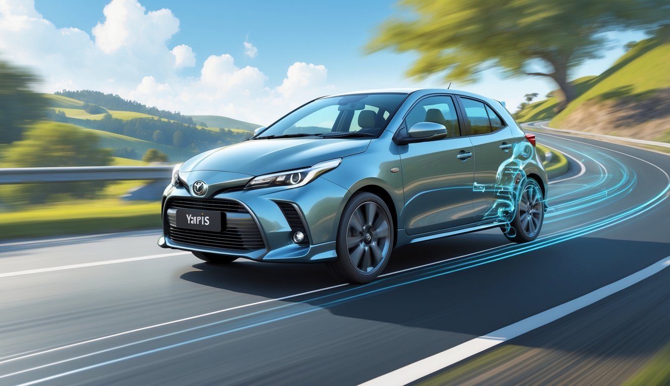 Toyota Yaris na zavojitoj cesti s prikazom ovjesa i vozačem koji vozi automobil.