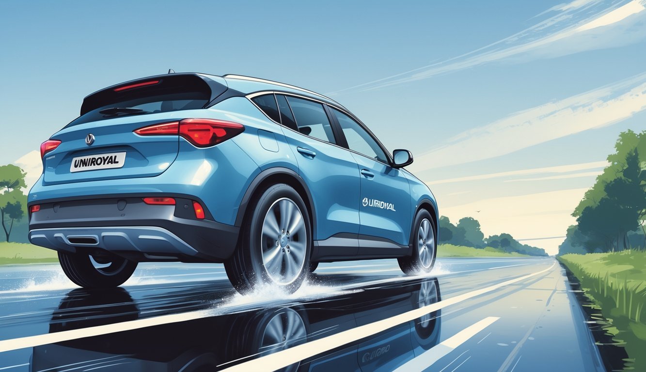 Automobil na mokroj cesti s vidljivim udobnim i prostranim unutrašnjim prostorom te detaljnim gumama koje naglašavaju sigurnost i praktičnost.