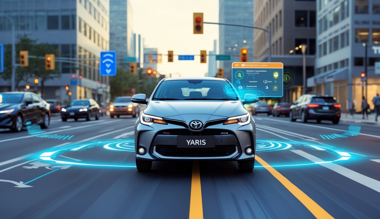 Toyota Yaris na cesti s prikazom senzora i sustava pomoći vozaču u urbanom okruženju.