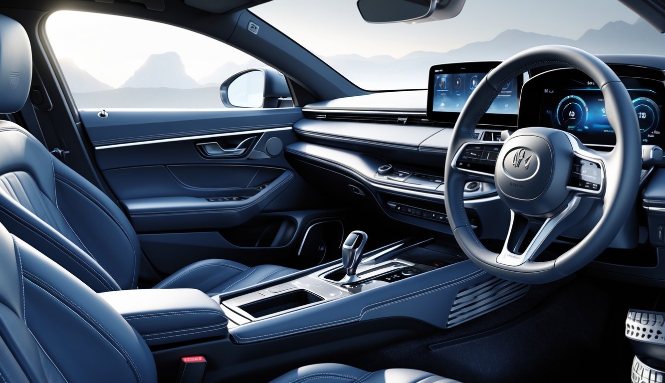 Unutrašnjost modernog automobila s kvalitetnim sjedalima, naprednim infotainment sustavom i prikazom Uniroyal gume.