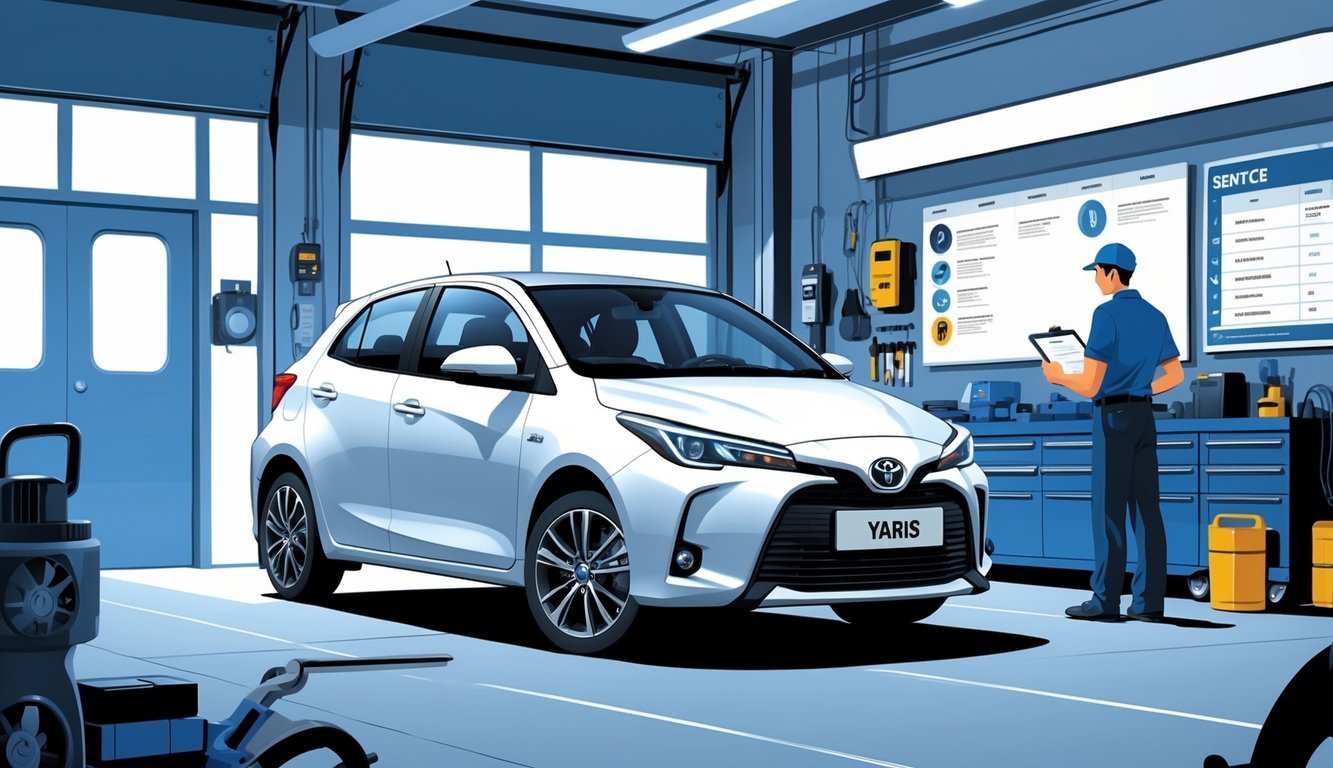 Toyota Yaris u autoservisu s mehaničarom koji pregledava automobil i prikazom alata i opreme za održavanje.