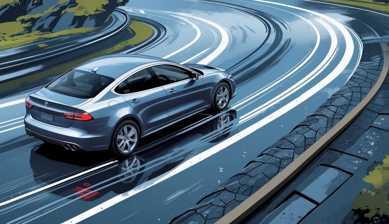 Automobil na zavojitoj cesti s vidljivim ovjesom i vodenim prskanjem ispod guma.