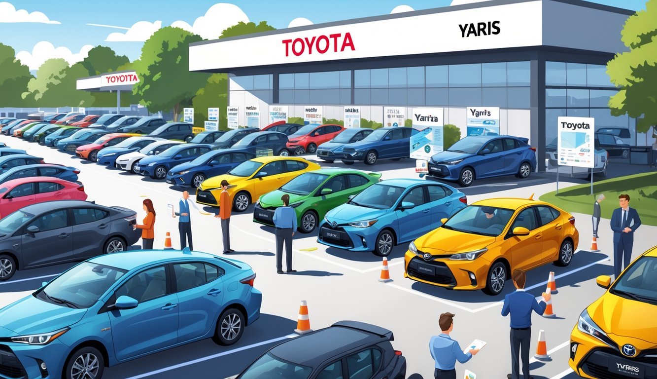 Prikaz nekoliko rabljenih Toyota Yaris automobila na prodajnom prostoru s ljudima koji ih pregledavaju i razgovaraju.