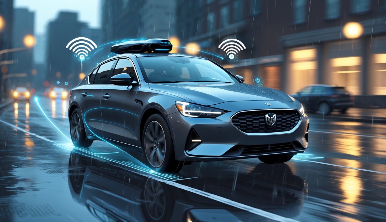 Automobil na mokroj cesti s Uniroyal gumama i prikazom sustava pomoći vozaču u urbanom okruženju.