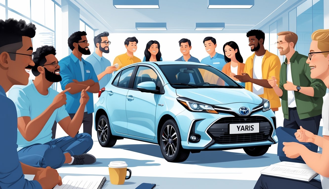 Grupa vlasnika automobila okupljena oko Toyota Yarisa, razgovaraju i dijele svoja iskustva.