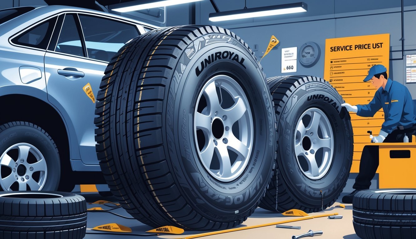 Mehaničar pregledava Uniroyal gume na vozilu u radionici s prikazom uobičajenih oštećenja guma i simbolima troškova servisa.