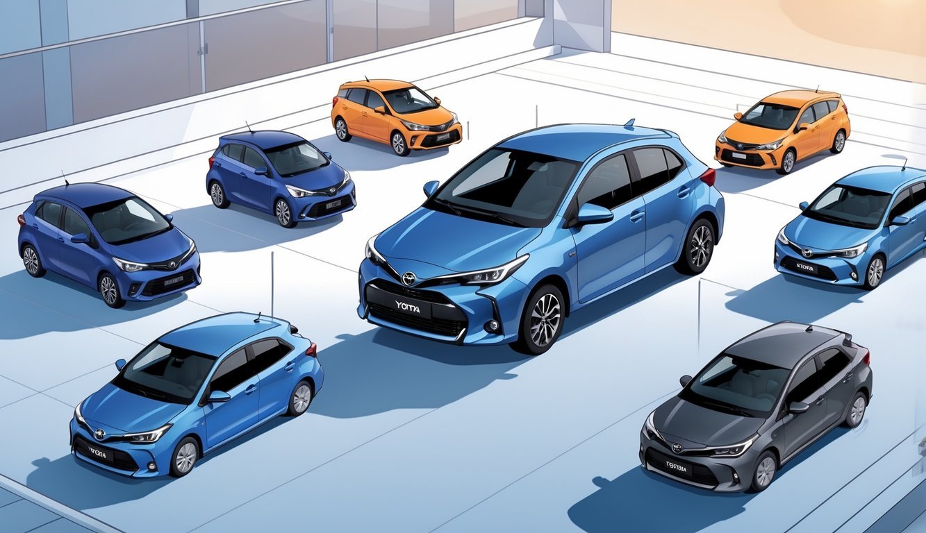 Prikaz nekoliko kompaktnih automobila, uključujući Toyota Yaris, postavljenih u usporedni prikaz bez teksta.
