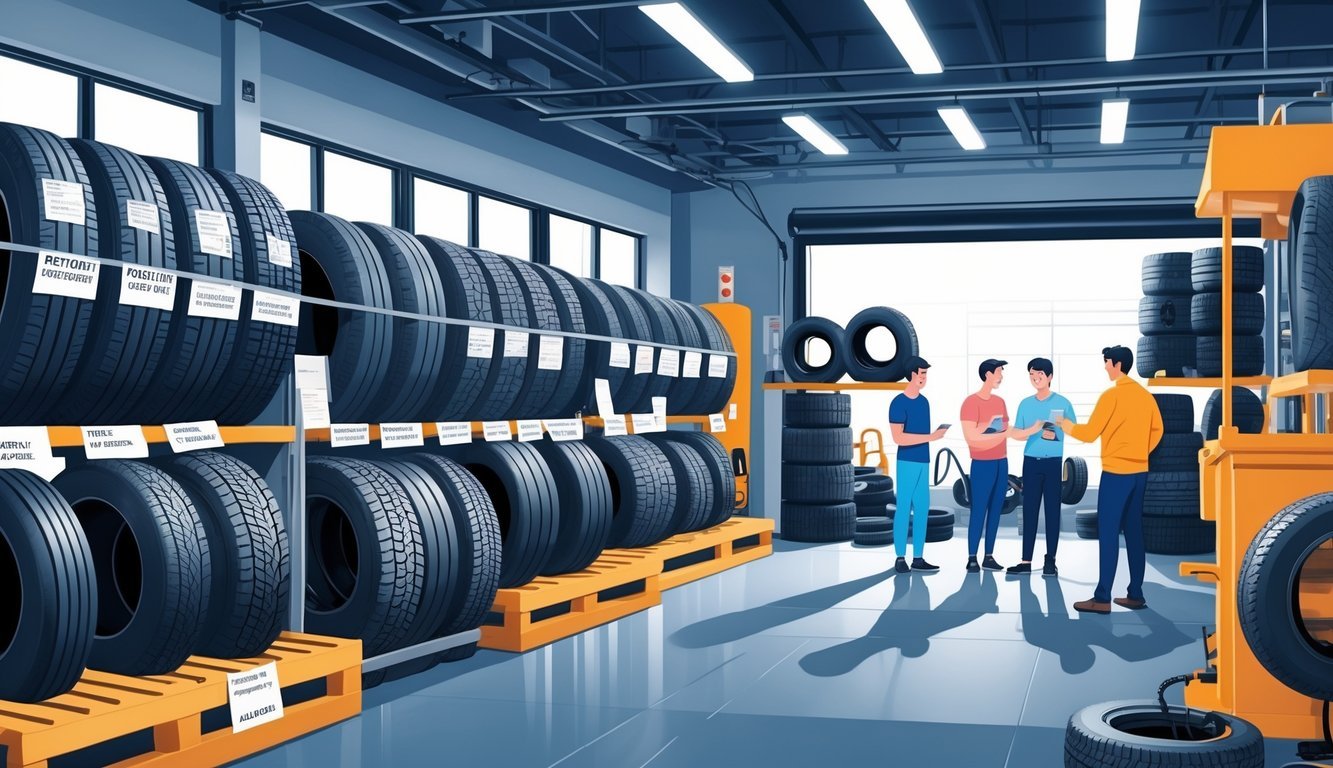 Tržište s rabljnim Uniroyal gumama, ljudi pregledavaju gume i raspravljaju o cijenama i opremi u trgovini s gumama.