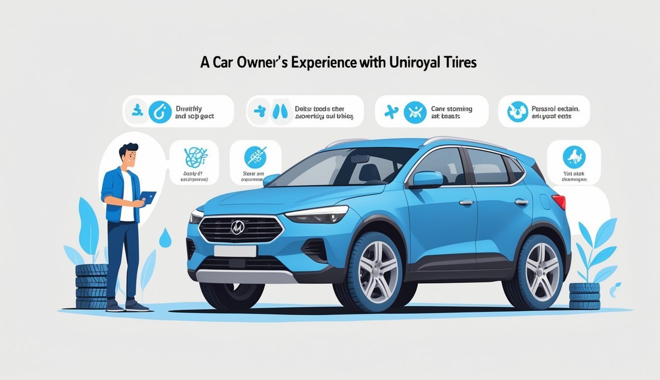 Vlasnik automobila stoji pored vozila i pregledava gume dok su prikazani simboli prednosti i mana guma.