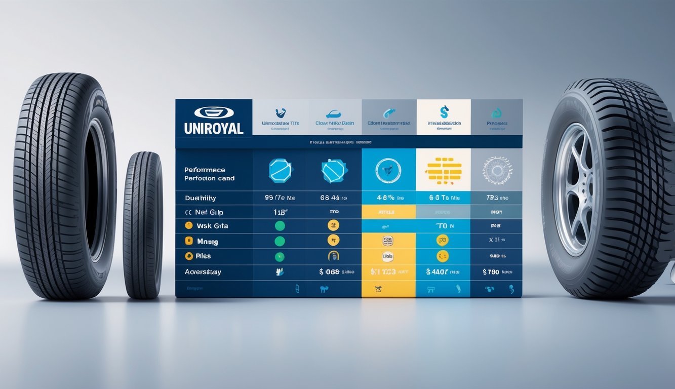 Ilustracija usporedbe Uniroyal guma s konkurentskim modelima prikazuje grafikone i ikone koje predstavljaju različite performanse guma.