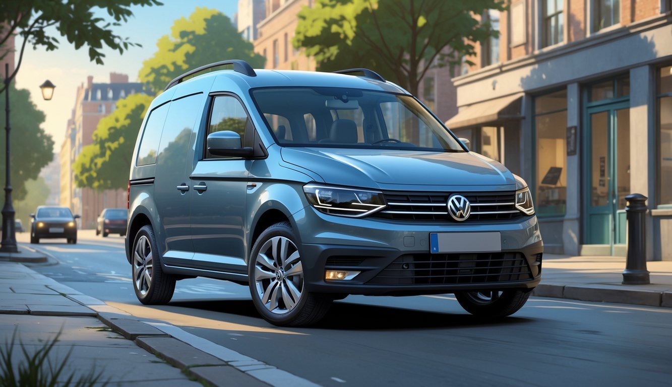 Volkswagen Caddy parkiran na gradskom ulici s zgradama i drvećem u pozadini.