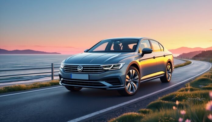 Volkswagen Passat parkiran na obalnoj cesti uz more tijekom zalaska sunca.