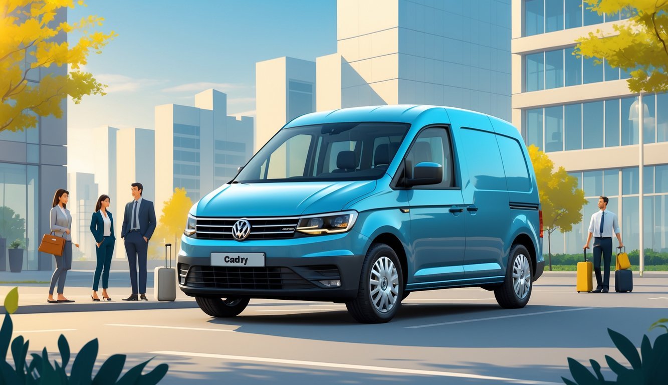 Volkswagen Caddy parkiran u gradskom okruženju s različitim ljudima oko vozila.