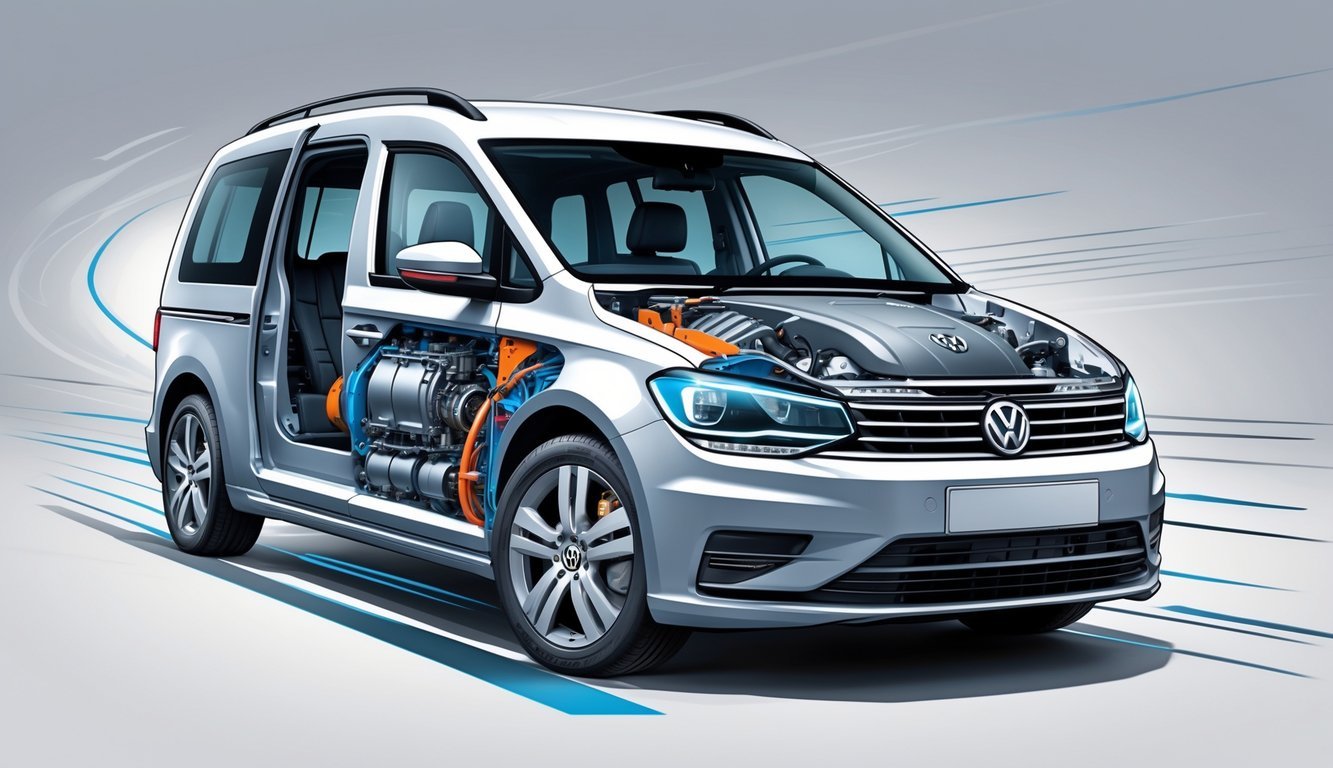 Prikaz unutrašnjih dijelova Volkswagen Caddyja s motorom, mjenjačem i elementima performansi.