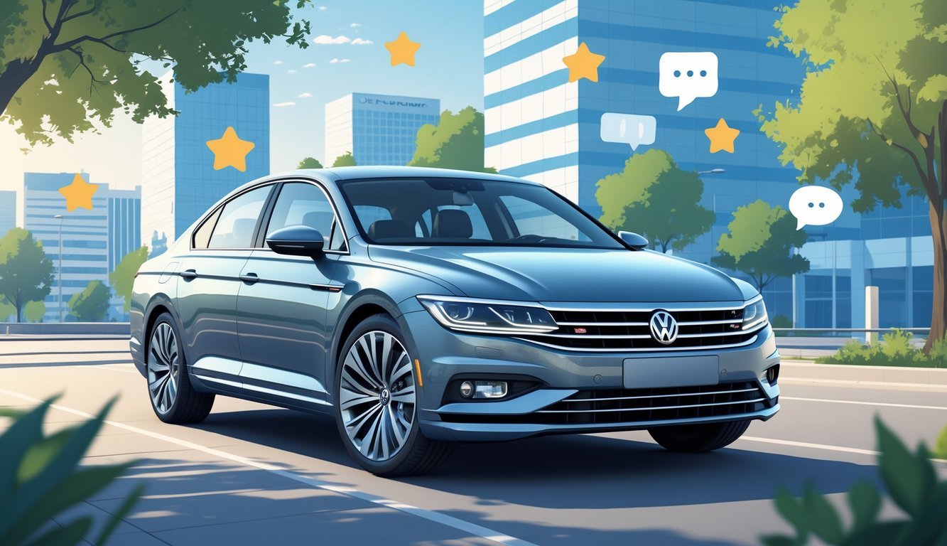 Volkswagen Passat parkiran u urbanom okruženju s prikazom simbola iskustava korisnika oko automobila.