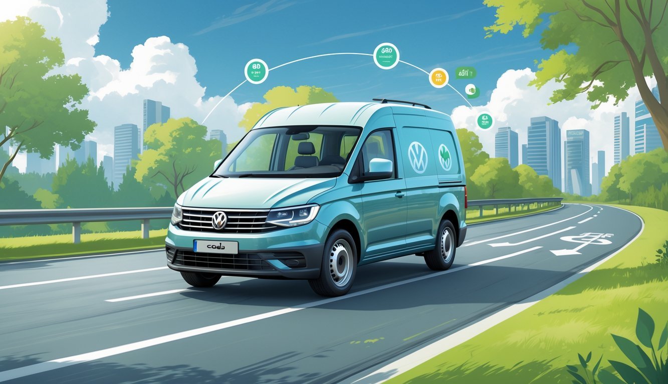 Volkswagen Caddy vozi cestom s prikazom ikona za potrošnju goriva i troškove vožnje u pozadini.