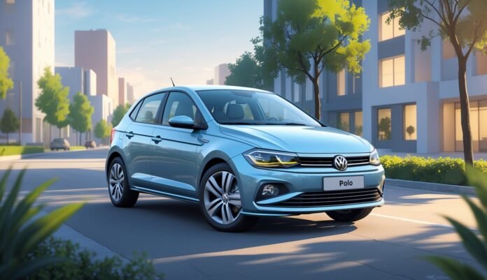 Volkswagen Polo parkiran na gradskoj ulici s modernim zgradama i drvećem u pozadini.