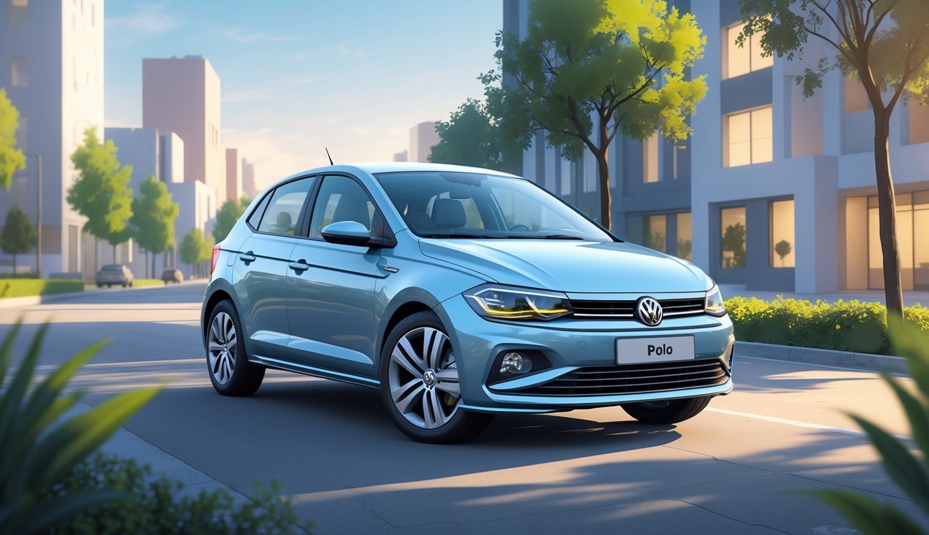 Volkswagen Polo parkiran na gradskoj ulici s modernim zgradama i drvećem u pozadini.