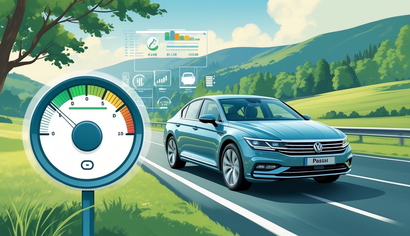 Volkswagen Passat koji vozi autocestom okružen prirodom s grafičkim prikazima potrošnje goriva i troškova vožnje.