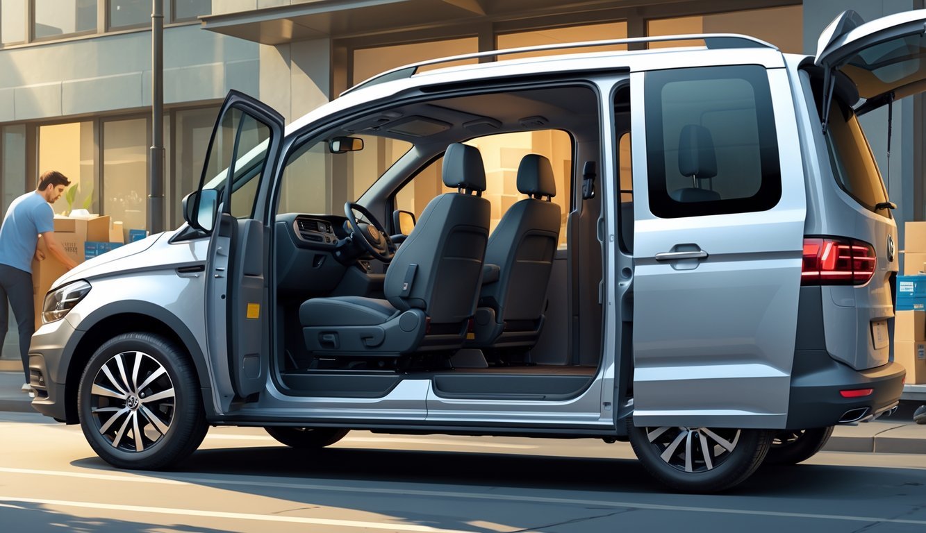 Volkswagen Caddy s otvorenim vratima, prikazuje prostran i udoban unutarnji prostor s ljudima koji utovaruju ili istovaruju stvari.