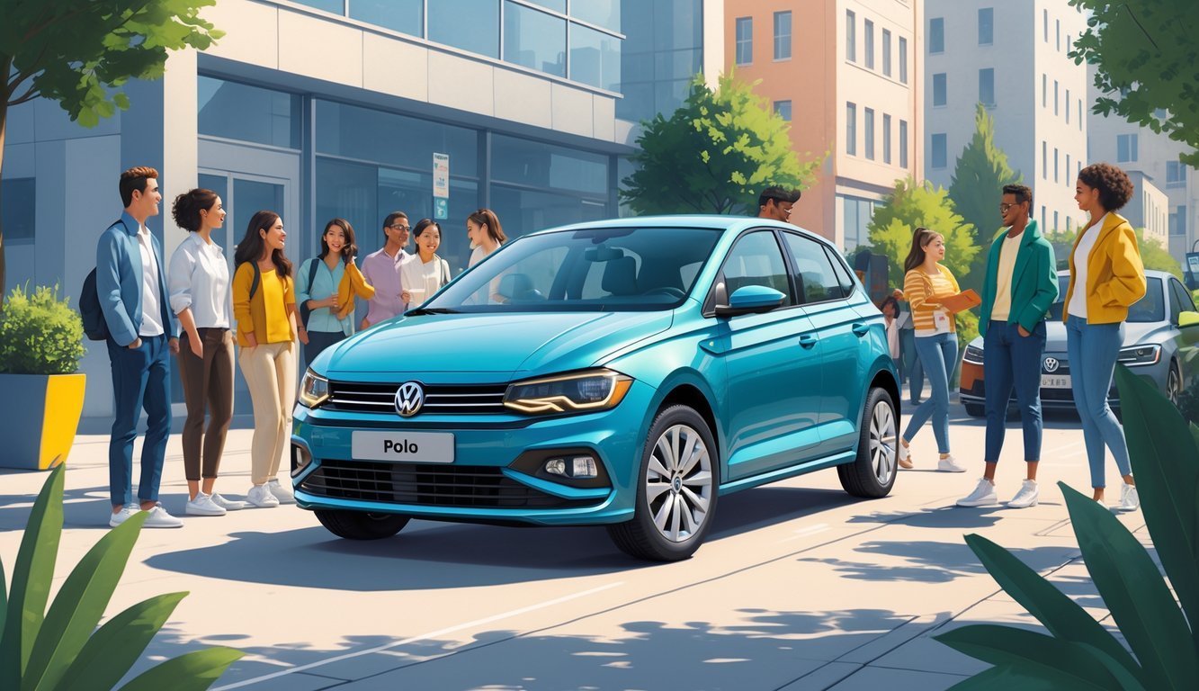 Volkswagen Polo parkiran u urbanom okruženju s ljudima različitih dobi oko automobila.